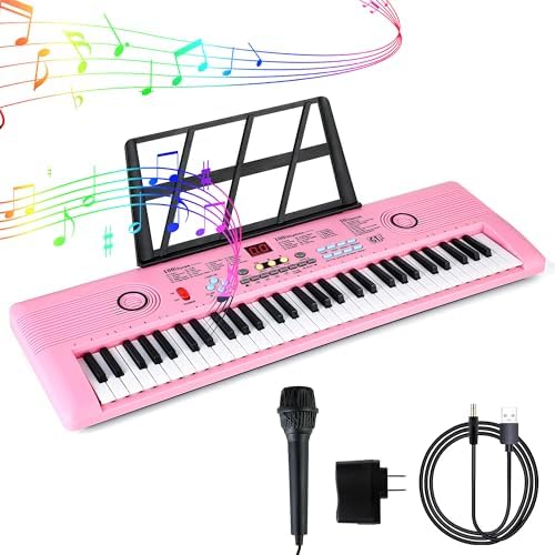 Keyboard Piano 61 Key Electric Digital Piano Music keyboard w/Microphone Portable Piano For Kids Beginner Birthday Christmas Gifts Pink