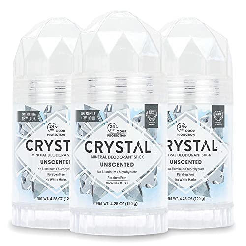CRYSTAL Unscented Mineral Deodorant Stick (3 Pack) - 24hr Odor Protection, Non-Staining & Non-Sticky, Aluminum & Paraben Free, 4.25 oz