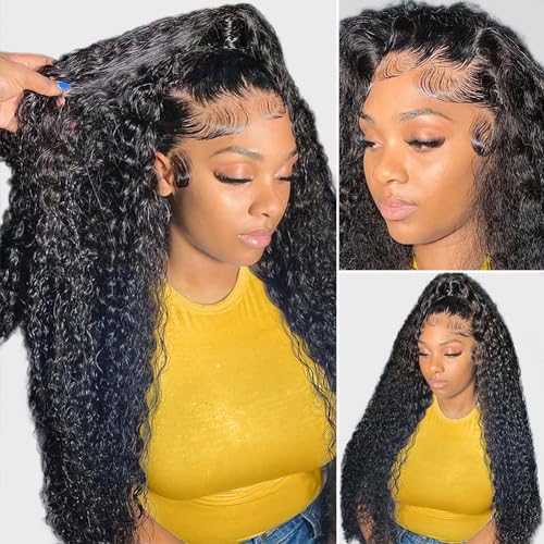Pizazz 13x4 HD Lace Front Wigs Human Hair Pre plucked with Natural Hairline 180 Density Brazilian Deep Wave Frontal Wigs Human Hair Bleached Knots with Baby Hair (22 Inch, Black color)