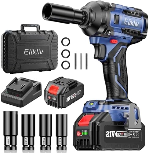 Elikliv Cordless Impact Wrench 1/2 inch, 500Ft-lbs Max Torque(650N.m), 21V 3000 RPM Power Impact Gun with 4 Sockets, 4000mAh Battery with Fast Charger, Electric Impact Driver for Car Truck Tires Home