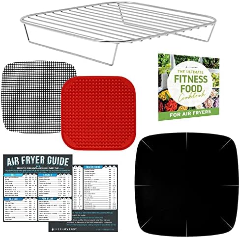 Air Fryer Accessories with Rack, Reusable Mats and Cheat Sheet Guides Compatible with Cosori, Instant Pot Vortex, Ninja Foodi, Ultrean + More - Stainless Steel Air Fryer Rack, Square 7.7 inches