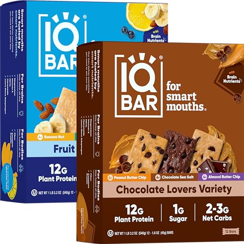 IQBAR Brain and Body Plant Protein Bars - Chocolate & Fruit Variety - 24-Count Low Carb - Gluten Free, High Fiber, Vegan Snacks - Low Sugar Meal Replacement