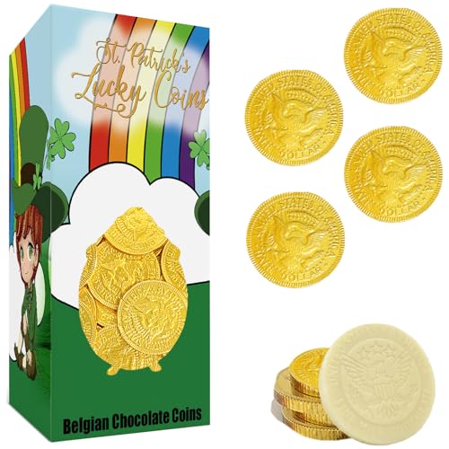 St. Patrick's Day White Milk Chocolate Coins, Half-Dollar Gold Foil Coins in Themed Box, Made w/Premium Belgian Chocolate, Gluten-Free, Nut-Free, Kosher Certified Dairy (1 Pound)