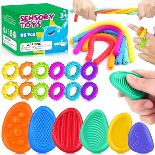 Fidget Sensory Toys for Kids: 26 Pack Quiet Squishy Fidget for Classroom Students Prizes- Textured Soft Stone Fidgets Rings Stretchy Strings for Autism Calming Down Tools - Party Favors,Treasure Box