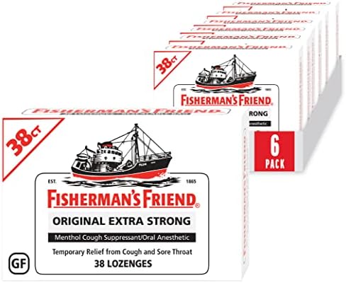 Fisherman's Friend Cough Drops, Cough Suppressant and Sore Throat Lozenges, Original Extra Strong, 10mg Menthol, 228 Drops (6 Packs of 38)