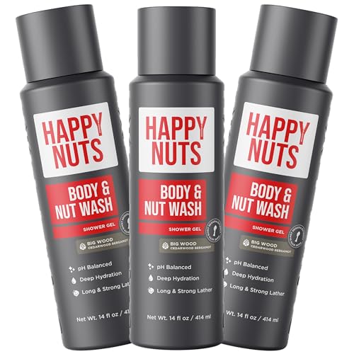 HAPPY NUTS Big Wood Body and Nut Wash - Moisturizing Men's Shower Gel, Natural Bodywash with Deep Cleanse for Sensitive Skin - Men's Body Soap (3 Pack, Big Wood)