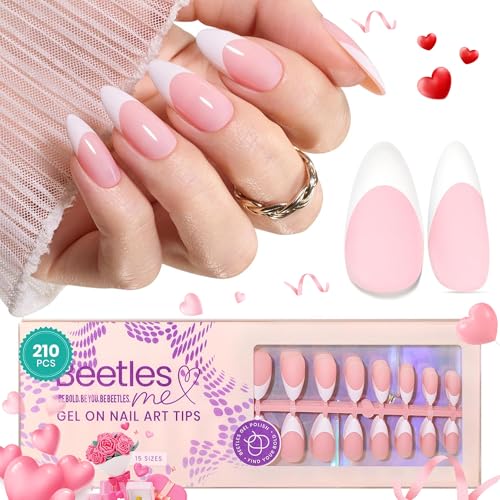 Beetles French Gel Nail Tips -White French Tip Press on Nails Medium Almond Pre-applied Tip Primer & Base Coat, No Need to File Fake Nails Pink Valentine's Day Gift for Women