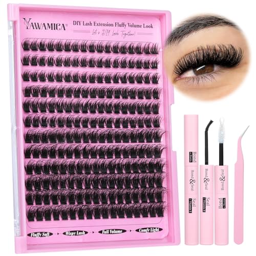 Fluffy Lashes Clusters Kit Wispy Individual Lashes 100D Volume Cluster Eyelash Extensions Kit 10-16mm D Curl Lash Extension Kit with Bond and Seal and Lash Tweezers DIY Eyelash Kit by Yawamica