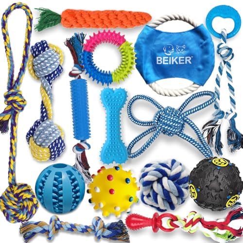 Beiker Dog Teething Chew Toys - 15 Pack Tough Small Medium Large Breed Puppy Toys, Dogs Rope Chew Toys Bundle for Boredom, Pet Interactive Squeaky Treat Dispensing Ball for Puppies