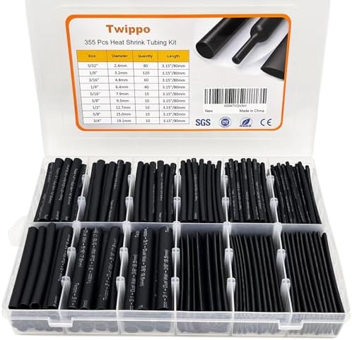 Heat Shrink Tubing Kit 355pcs - 3:1 Dual Wall Adhesive Lined - Electrical Waterproof Industrial Heat-Shrink Tubing Terminals- Marine Grade Wire Connector Shrink Wrap Tube - 3.15" Length - Black