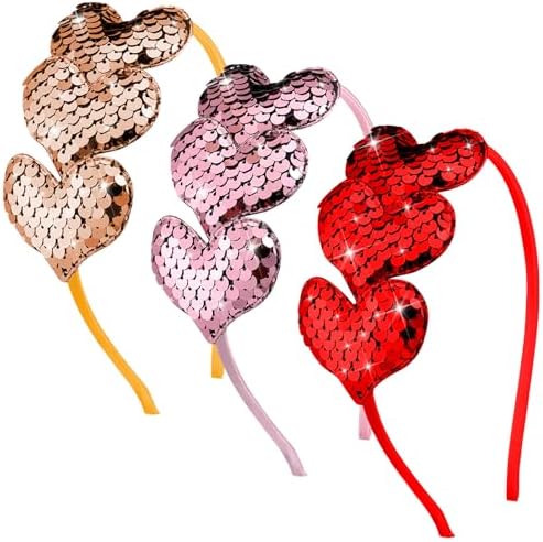 Chuangdi 3 Pcs Valentine's Day Glitter Heart Headband Heart Shaped Sequin Headband Elastic Love Hair Band for Wedding