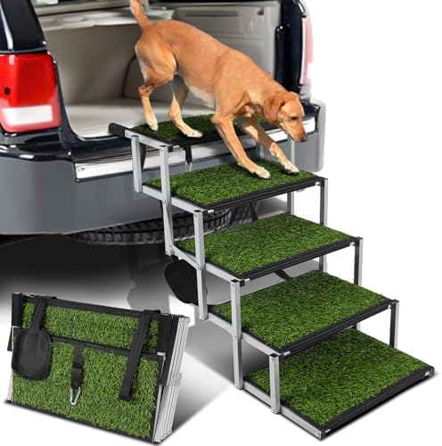 Extra Wide Dog Stairs for Car, Portable Folding Dog Ramps,Dog Steps for Large Dogs with Non-Slip Grass Rug for Cars, SUV, Trucks, Lightweight Pet Ramp Supports Up to 200 lb, 5 Steps