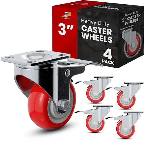 4 Pack Caster Wheels Swivel Plate On Red Polyurethane Wheels (3 inch with Brake)