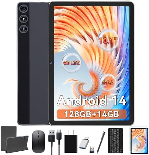 Tablet 10.1 Inch Android 14, Octa-Core 5G WiFi, 4G Cellular(T-Mobile), 128GB ROM 14GB RAM, 2025 Latest Tab with Keyboard Bundle 1TB Expand Android Tablet 13MP+8MP Dual Camera, GPS Unlocked HD Display