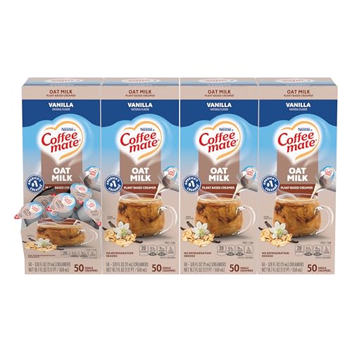 Nestle Coffee mate Coffee Creamer, Oat Milk, Vanilla Natural Flavor, Liquid Creamer Singles, Plant-Based, Non Dairy, No Refrigeration, 0.375 fl oz Tubs (Pack of 200)
