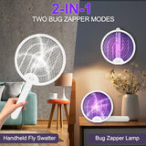 Foldable Electric Fly Swatter Racket, Portable 2 in 1 Bug Zapper Racket, Fly Killer and Mosquito Trap Lamp, USB Rechargeable with 1200mAh Battery for Indoor and Outdoor Home Backyard Patio Camping