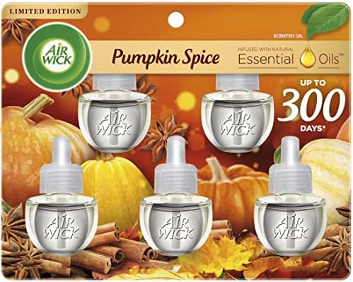 Air Wick Plug in Scented Oil Refill, 5 ct, Pumpkin Spice, Air Freshener, Essential Oils, Fall Scent, Fall Decor