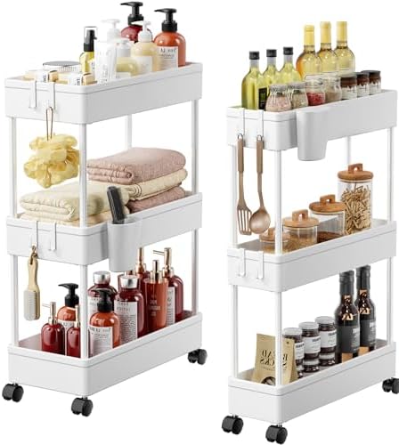 Pipishell Bathroom Cart, 2 Pack Slim Storage Cart Organizer with Hanging Cups & Hooks, Rolling for Bathroom, Laundry Room, Kitchen, Set of 2, PIUC07WK2
