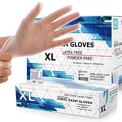 Powder Free Disposable Gloves X Large, [1000 Count] - 4 Mil Clear Vinyl Gloves- Extra Strong, 4 Mil Thick - Latex Free, Food Safe, Medical Exam Gloves, Cleaning Gloves - 10 Boxes of 100