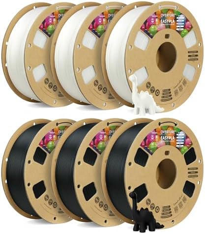 OVERTURE Easy PLA 1.75mm 3D Printer Filament, 6kg PLA Cardboard Spool (13.2lbs), Dimensional Accuracy +/- 0.02mm, Fit Most FDM Printer (Easy Black*3+Easy White*3)