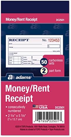 Adams Money and Rent Receipt, 2-3/4 x 5-3/8 Inches, 2-Parts, Carbonless, White/Canary, 50 Sets per Book, 3 Books (DC2501-3)