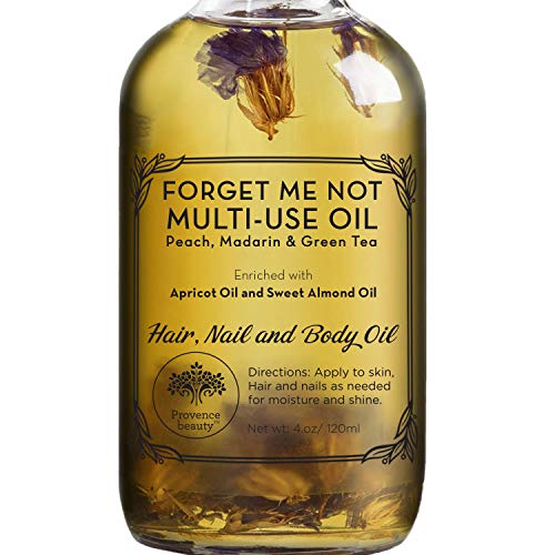 Multi-Use Oil for Face, Body and Hair - Forget Me Not - Organic Blend of Apricot, Vitamin E and Sweet Almond Oil Moisturizer for Dry Skin, Scalp and Nails - Peach, Mandarin and Green Tea - 4 Fl Oz