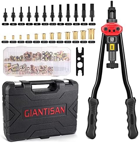 Rivet Nut Tool, GIANTISAN 16-Inch Rivnut Tool Kit with 12 Metric and SAE Mandrels, 176Pcs Rivet nut Assortment Kit, and Rugged Carrying Case