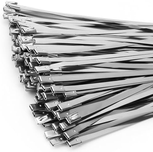 Metal Zip Ties of 100 Pcs, 16 IN 304 Stainless Steel Cable Ties, Heavy Duty Metal Zip Ties for Exhaust Wrap, Heat Resistant Fencing Ties. for Pipe, Auto repair. L/16”(400mm) W/0.18”(4.6mm)