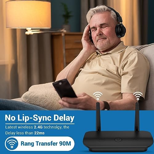 ROSIDA Dual Wireless Headphones for TV Watching with Transmitter, Headset Stand, TV Headphones for Seniors, 295FT Range with Optical, AUX, RCA,USB, High Volume Control, Long Playtime, No Delay, Black