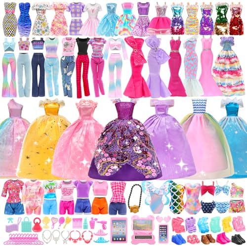 BARWA 70 Pack Doll Clothes and Accessories 3 Wedding Gown Dresses 5 Long Dresses Fashion Dresses 4 Tops 4 Pants 3 Swimsuits Bikini 5 Mini Dresses 15 Shoes Hangers Computer Cosmetic for 11.5 inch Doll