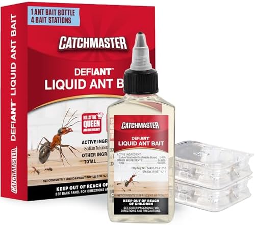 Catchmaster DefiANT Liquid Ant Bait Indoor (50 uses) + 4 Reusable Liquid Ant Bait Stations (2 Stacked), Multi-Surface Pest Control Traps for Home & Outdoor, Reduce & Remove Colonies, American Made