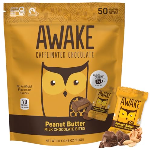 AWAKE - Caffeinated Chocolate Bites - Peanut Butter Milk Chocolate, 50 Bites - 50mg Caffeine - Wrapped Energy Bites - Coffee Alternative - Fairtrade, Gluten Free, Non GMO - 0.48oz