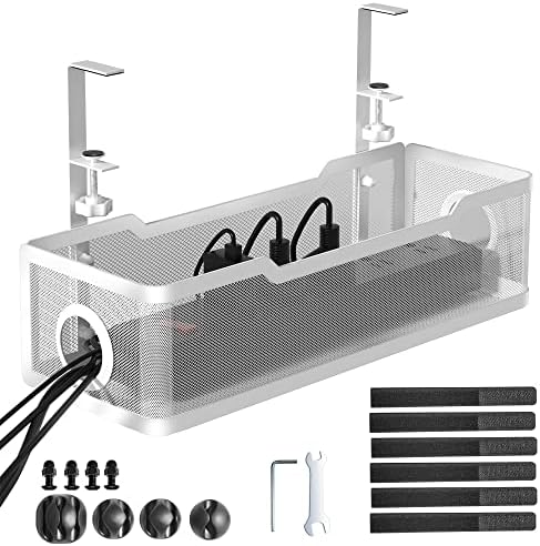 Under Desk Cable Management Tray White, Cinati Cable Management Under Desk No Drill, Cable Tray with Clamp for Desk Wire Management,Desk Cable Management Box for Office, Home - No Damage to Desk