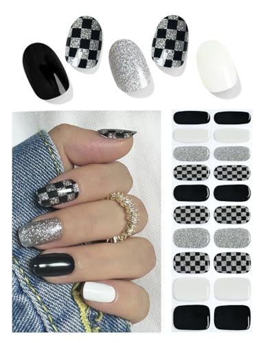 Semi Cured Gel Nail Strips | Check Glitter 20 pcs Semi Cured Gel Nails Sticker | Gel Nail Wraps UV for Home Nails DIY