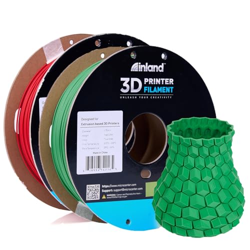 INLAND 2 Pack PLA 3D Printer Filament - 3D Printing PLA Filament Bundle 1.75mm, Dimensional Accuracy +/- 0.03mm - 2kg Cardboard Spool (4.4lbs), True Green & True Red PLA
