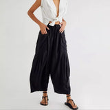 Quinn Pants for Women Plus Size Wide Leg Linen Pants with Pockets Summer Elastic Waist Drawstring Harem Pants High Waisted Baggy Casual Palazzo Pants Boho Flowy Beach Pants Loose Hippie Pants A-Black