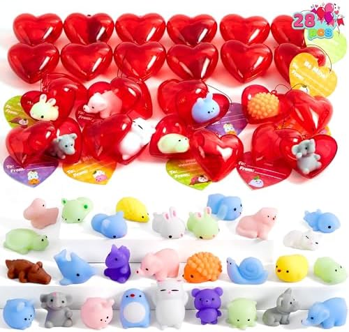 JOYIN 28 Mochi Squishy Toys Filled Hearts and Valentine Cards for Kids Valentine Classroom Exchange Party Favors, Kawaii Stress Relief Toys for Valentine Gift Exchange, Game Prizes and Carnivals Gift