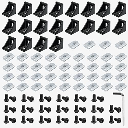 20 Set Black 4040 Series Aluminum Extrusion Profile Connector, Includes 1pc Wrench, 20pcs 3540 Corner Bracket, 40pcs M8 T-Slot Sliding Nuts and Hex Screw Bolt for 20S Aluminum Rail Accessories