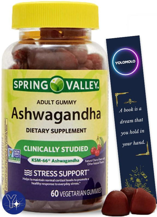 Ashwagandha Vegetarian Gummies Non GMO Spring Valley, Cherry, 60 Count and Bookmark Gift of YOLOMOLO