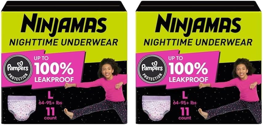 Pampers Ninjamas Nighttime Bedwetting Underwear Girls Size L (64-125 lbs) 11 Count (Packaging & Prints May Vary) (Pack of 2)