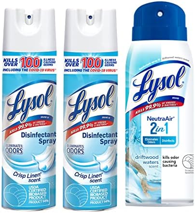 Lysol Disinfectant Spray Bundle - 2 Crisp Linen Disinfectant Sprays (19 Ounce Aerosol) and One Driftwood Waters 2-in-1 NeutraAir Spray (10 Ounce Aerosol)