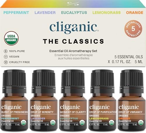 Cliganic Organic Essential Oils Set (Top 5) - 100% Pure Natural - Aromatherapy, Candle Making - Peppermint, Lavender, Eucalyptus, Lemongrass & Orange (Packaging May Vary)