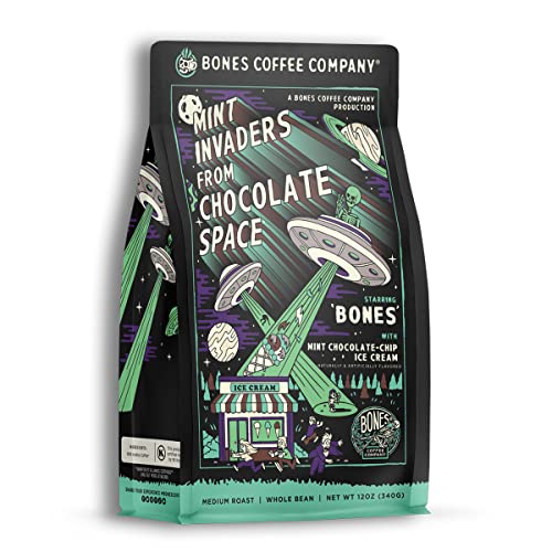Bones Coffee Company Mint Invaders Flavored Coffee Beans, Whole Bean Coffee Medium Roast Low Acid, Mint Chocolate Chip Flavor (12 oz)