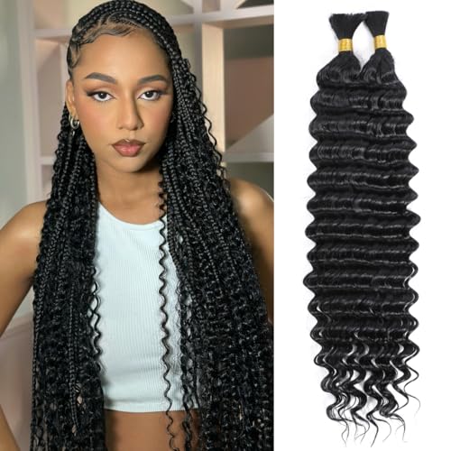 Human Braiding Hair for Boho Braids Bohemian Deep Wave Bulk Human Braiding Hair 100% Unprocessed Brazilian Virgin Human Hair Extensions 2 Bundles Micro Braiding Hair (18 inch,Natural Black)