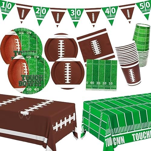 Football Party Supplies Kit Serve 24,Includes Dinner Plates, Dessert Plates, Napkins, Cups,Banner and Touchdown Tablecloth for Football Birthday Party Football Game Day Tailgate Party Decorations