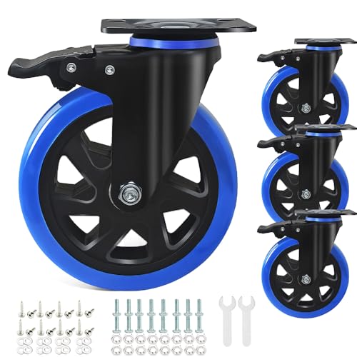 6 Inch Caster Wheels 2800Lbs, Casters Set of 4 Heavy Duty with Brake, Outstanding Safety Dual Locking Casters, Polyurethane Foam No Noise Wheels, Top Plate Castor Wheels(2 Hardware Kits Included)