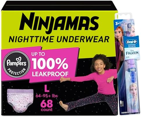 Pampers Ninjamas + Oral-B Toothbrush, Nighttime Training Pants Girls, 68 Count Size L & Oral-B Power Kid's Toothbrush Disney's Frozen