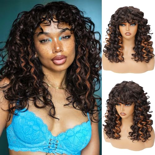 GKtineke-Curly-Wig-Highlights Big-Curly-Wigs-for-White-Black-Women 20 Inch- Long-Curly-Wig-with-Bangs Synthetic-Hair-Replacement-Wigs-for- Cosplay and Daily (Highlight)