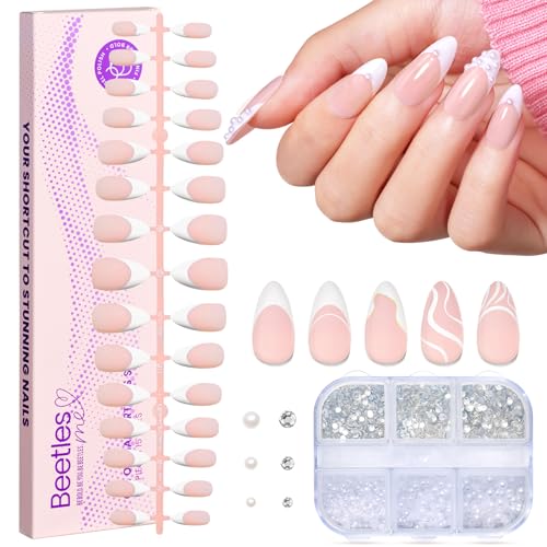 Beetles French Tip Press on Nails - 150Pcs 4 in 1 Nude Pink Almond Press On Nails Medium Full Cover French Tip Press on Nails with 6 Kinds of Nail Accessories Nail Art DIY Gift for Women