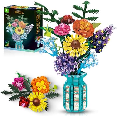Flowers Bouquet Toys Building Blocks Set with Vase, Roses, Sunflower, Hyacinth, Hydrangea, Artificial Plants for Adults, Teen Girls, Home, Office Decor- 1853pcs